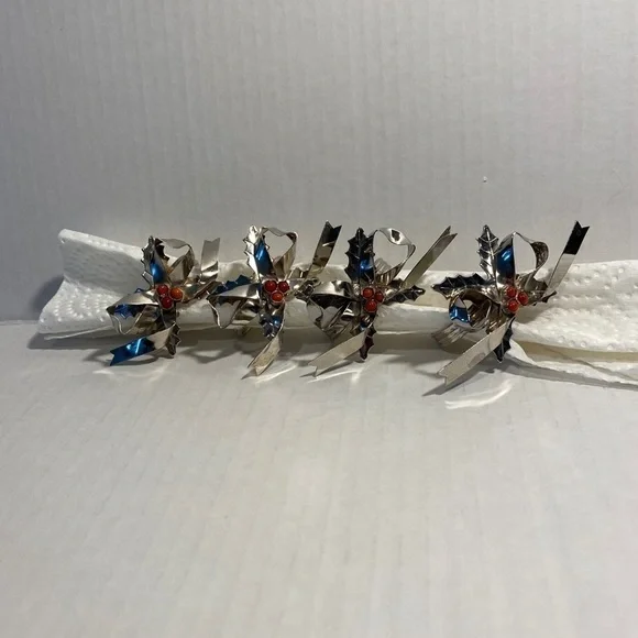 Silver napkin rings bow tie holly silver-plated brass Christmas - Picture 10 of 10